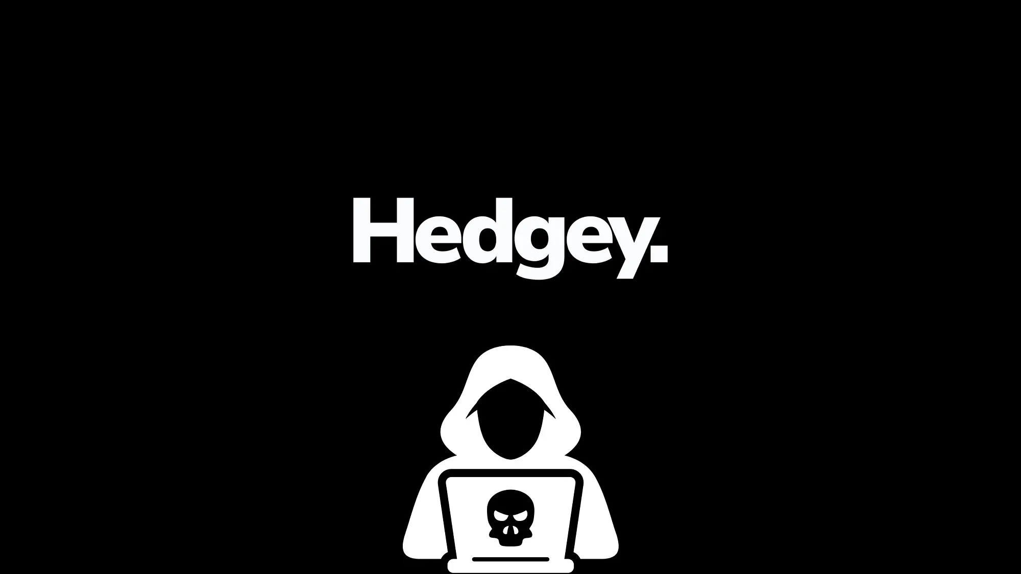 Hedgey logo above an illustration of a hacker in a hoodie using a laptop with a skull on the screen